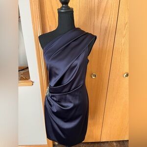 Eliza J satin one shoulder blue dress with side embellishment and ruching.Size 8